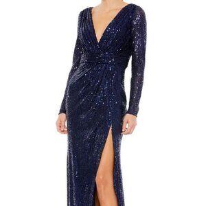 Mac Duggal Blue Midnight Long Sleeve Sequin Faux Wrap Gown